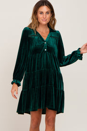 Green Velvet Long Sleeve Tiered Collared Dress