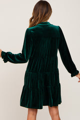 Green Velvet Long Sleeve Tiered Collared Dress