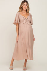 Mocha Front Tie Ruffle Sleeve Maternity Midi Dress