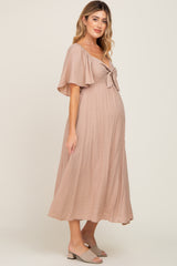 Mocha Front Tie Ruffle Sleeve Maternity Midi Dress