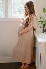 Mocha Front Tie Ruffle Sleeve Maternity Midi Dress