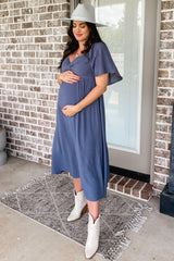 Navy Front Tie Ruffle Sleeve Maternity Midi Dress