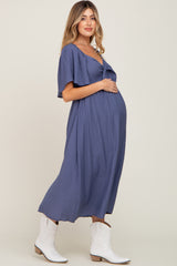 Navy Front Tie Ruffle Sleeve Maternity Midi Dress