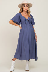 Navy Front Tie Ruffle Sleeve Maternity Midi Dress