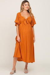 Rust Front Tie Ruffle Sleeve Maternity Midi Dress