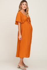 Rust Front Tie Ruffle Sleeve Maternity Midi Dress