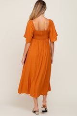 Rust Front Tie Ruffle Sleeve Maternity Midi Dress