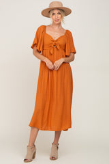 Rust Front Tie Ruffle Sleeve Midi Dress