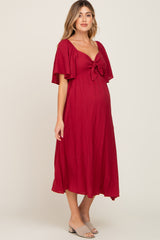 Burgundy Front Tie Ruffle Sleeve Maternity Midi Dress