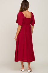 Burgundy Front Tie Ruffle Sleeve Midi Dress