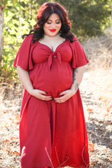 Burgundy Front Tie Ruffle Sleeve Maternity Midi Dress