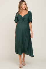 Hunter Green Front Tie Ruffle Sleeve Maternity Midi Dress