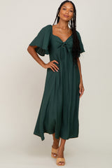 Hunter Green Front Tie Ruffle Sleeve Maternity Midi Dress