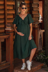 Hunter Green Front Tie Ruffle Sleeve Maternity Midi Dress