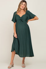 Hunter Green Front Tie Ruffle Sleeve Maternity Midi Dress