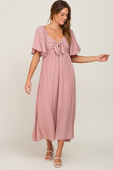 Mauve Front Tie Ruffle Sleeve Maternity Midi Dress