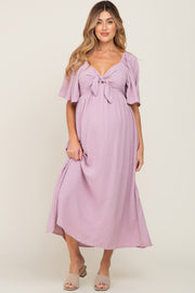 Pink Textured Dot Front Tie Ruffle Sleeve Maternity Midi Dress