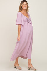 Pink Textured Dot Front Tie Ruffle Sleeve Maternity Midi Dress