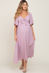 Pink Textured Dot Front Tie Ruffle Sleeve Maternity Midi Dress