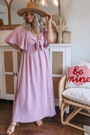 Pink Textured Dot Front Tie Ruffle Sleeve Maternity Midi Dress