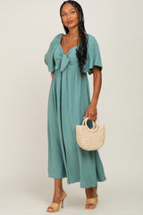 Sage Textured Dot Front Tie Ruffle Sleeve Maternity Midi Dress