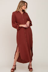 Rust Button Down 3/4 Sleeve Midi Dress