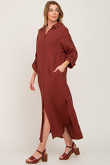 Rust Button Down 3/4 Sleeve Midi Dress