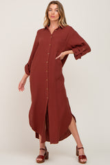 Rust Button Down 3/4 Sleeve Midi Dress