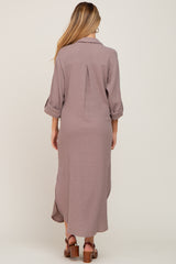 Taupe Button Down 3/4 Sleeve Maternity Midi Dress