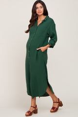 Forest Green Button Down 3/4 Sleeve Maternity Midi Dress