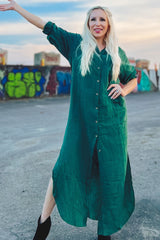 Forest Green Button Down 3/4 Sleeve Midi Dress