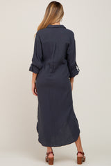 Charcoal Button Down 3/4 Sleeve Maternity Midi Dress