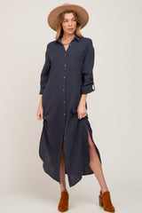 Charcoal Button Down 3/4 Sleeve Midi Dress