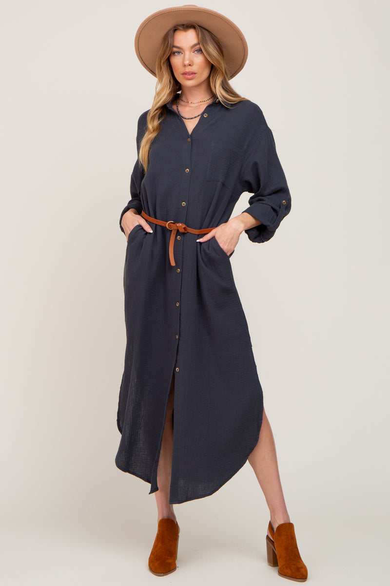 Charcoal Button Down 3/4 Sleeve Midi Dress – PinkBlush