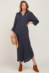 Charcoal Button Down 3/4 Sleeve Midi Dress