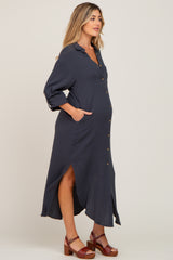 Charcoal Button Down 3/4 Sleeve Maternity Midi Dress