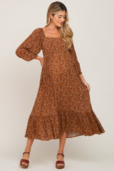 Camel Floral 3/4 Sleeve Maternity Midi Dress