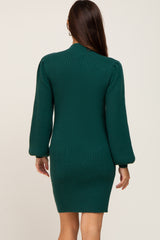 Hunter Green Mock Neck Puff Sleeve Knit Dress