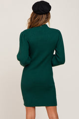 Hunter Green Mock Neck Puff Sleeve Knit Dress