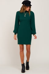 Hunter Green Mock Neck Puff Sleeve Knit Dress