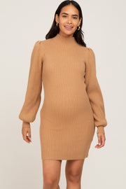 Camel Mock Neck Puff Sleeve Maternity Sweater Dress