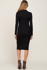 Black Ribbed Fitted Mock Neck Long Sleeve Maternity Dress