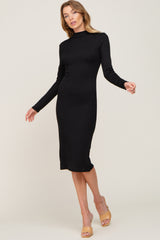 Black Ribbed Fitted Mock Neck Long Sleeve Maternity Dress