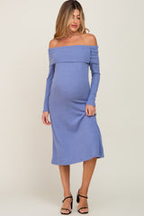 Blue Ribbed Knit Foldover Off Shoulder Maternity Midi Dress