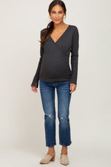 Charcoal Ribbed Long Sleeve Wrap Maternity Nursing Top