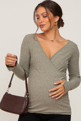 Olive Ribbed Long Sleeve Wrap Maternity Nursing Top