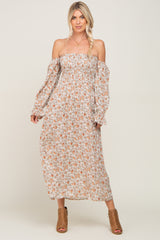 Taupe Floral Off Shoulder Long Sleeve Maxi Dress