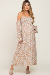 Taupe Floral Off Shoulder Long Sleeve Maternity Maxi Dress