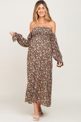 Black Floral Off Shoulder Long Sleeve Maternity Maxi Dress