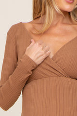 Mocha Ribbed Knit Ruched Wrap Fitted Maternity Dress